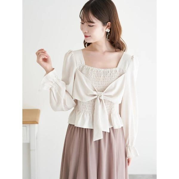 ブラウス シャツ フロントリボンシャーリングブラウス（無地・チェック柄） レディース