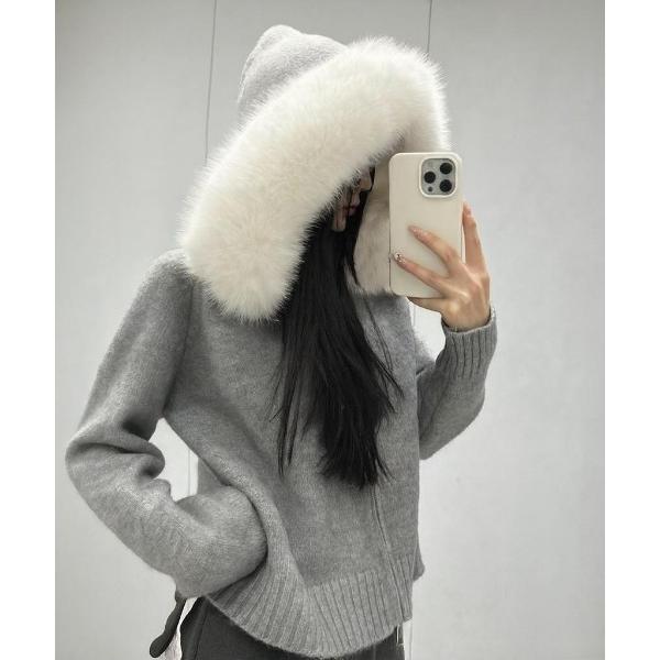 ニット セーター 「秋冬新作」ふわふわファー付きニットパーカー レディース