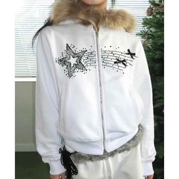 パーカー 韓国風スタープリントファーパーカー／ふわもこフード付きジップアップ レディース