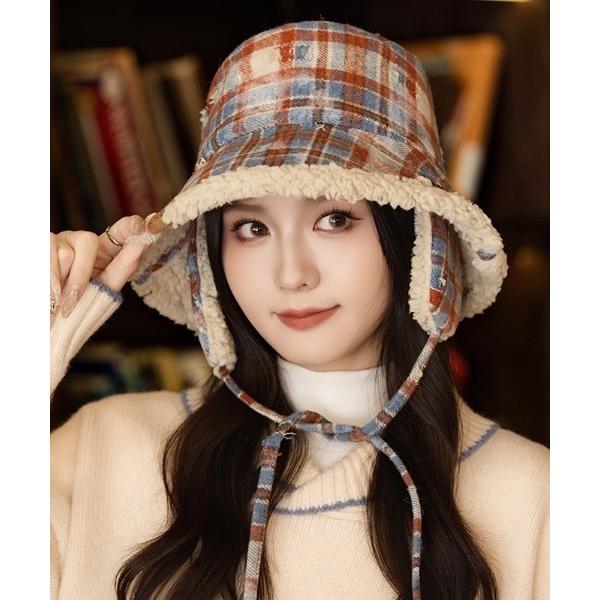 帽子 ハット レディース イヤーフラップ ダメージ チェックバケットハット レディース