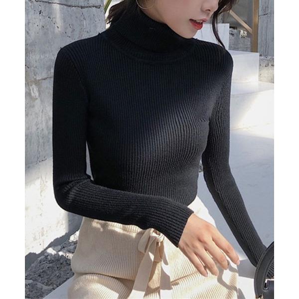ニット セーター 細身のリブ仕立てのハイネックセーター レディース