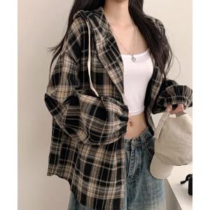 ブラウス シャツ フード付き チェックシャツ レディース