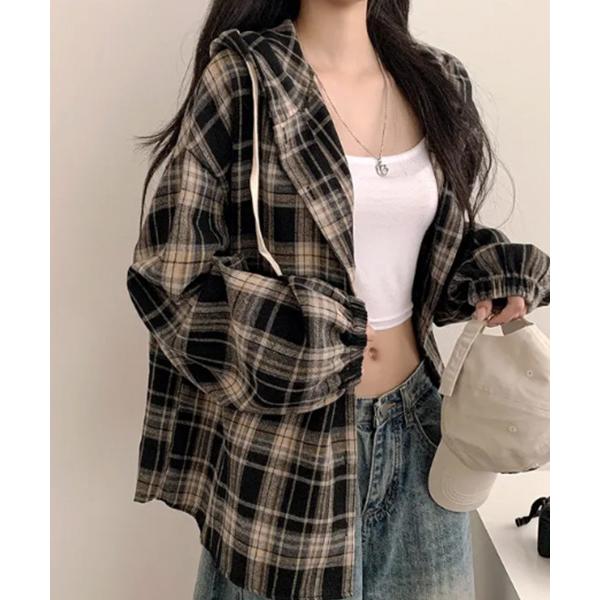 ブラウス シャツ フード付き チェックシャツ レディース