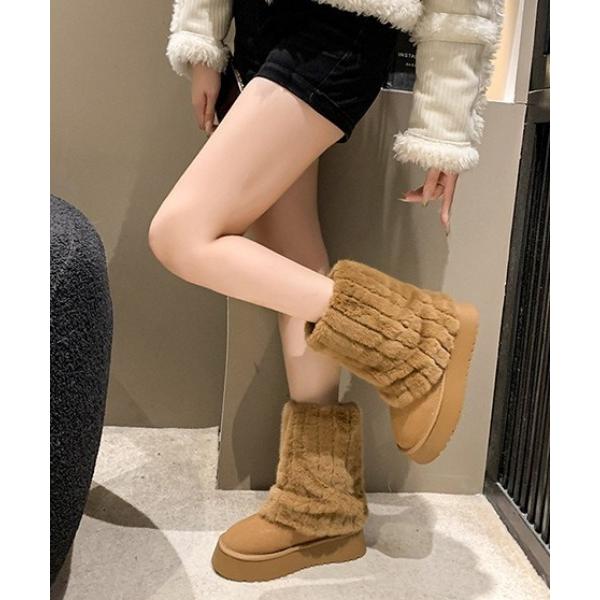 ブーツ ファー切り替えミドル ムートンブーツ レディース