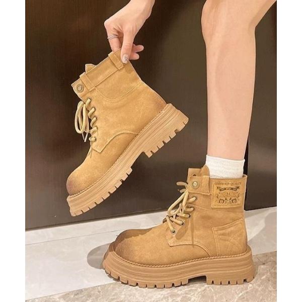 ブーツ 厚底レースアップ スエードショートブーツ レディース