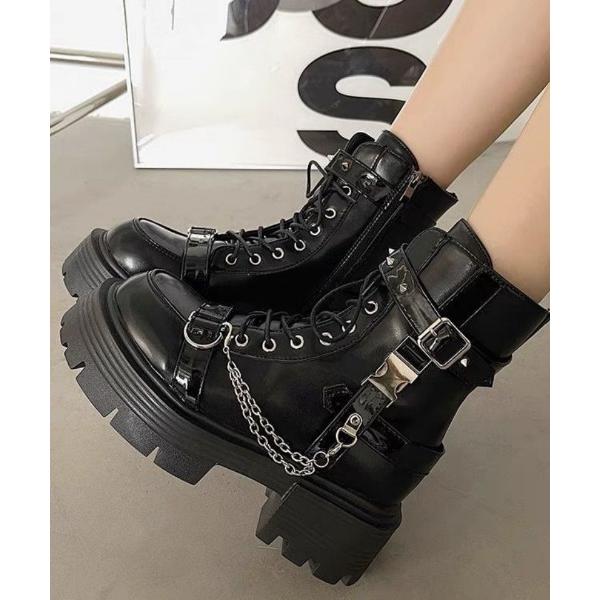 ブーツ Y2K厚底 ダブルバックルロッカーブーツ レディース