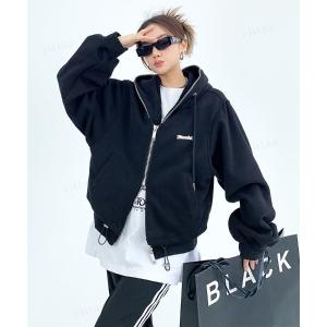 パーカー 韓国ファッション レイヤード風デザインジップアップパーカー レディース