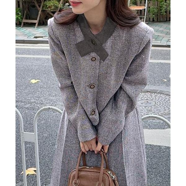 セットアップ 2点セットアップ 配色衿ショート丈ジャケット＆タックプリーツロングスカート レディース