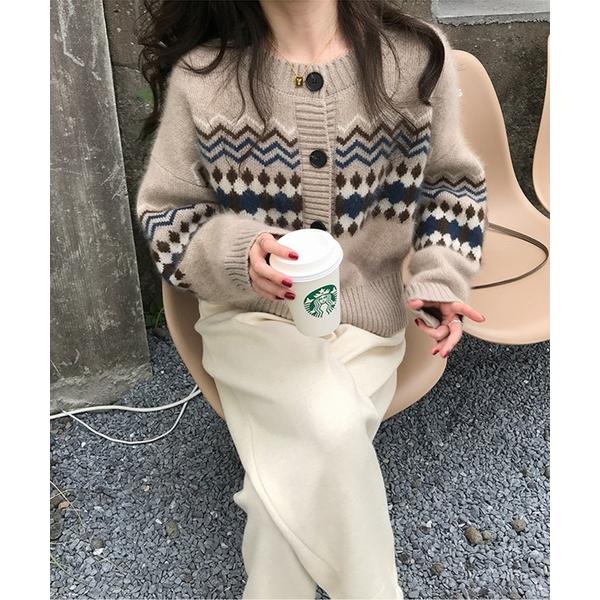 カーディガン ノルディック柄ジャカードカーディガン レディース