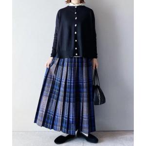 カーディガン シンプルカーディガン+プリーツチェック柄ロングスカート レディース