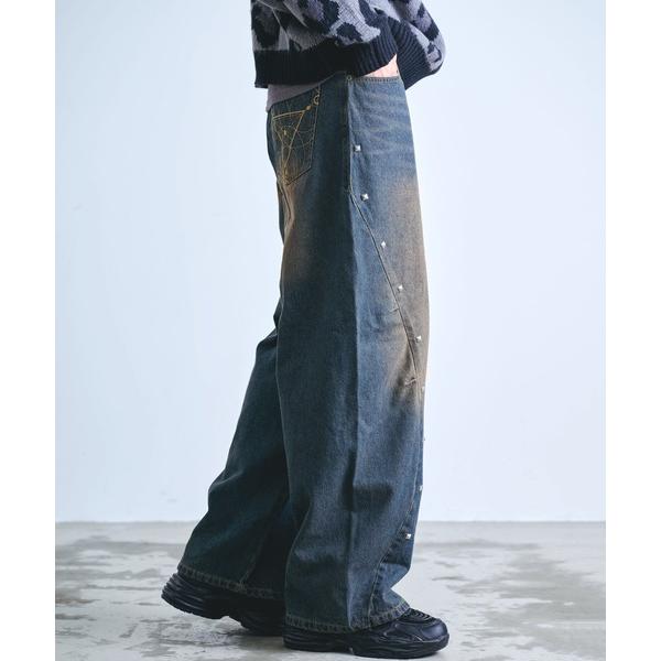 ジーンズ ヴィンテージライク スタッズディテール ボリューム カーブデニムパンツ メンズ レディース