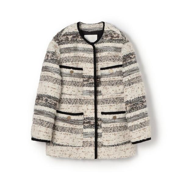 ノーカラーコート コート ボーダーツイード ショートコート レディース