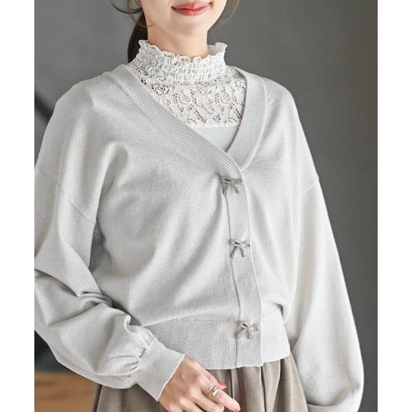 カーディガン リボンボタンボリューム袖ラメニットＶカーディガン レディース