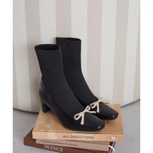 ブーツ リボンビジューニットブーツ レディース