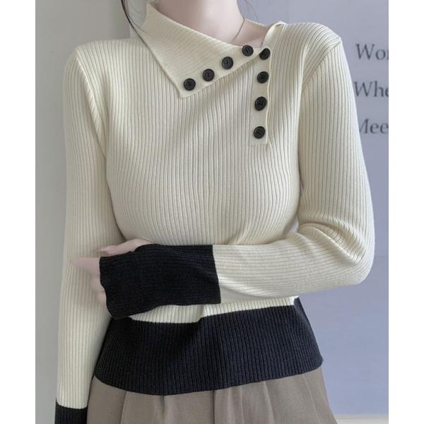 ニット セーター 配色ボタンデザインリブニット レディース
