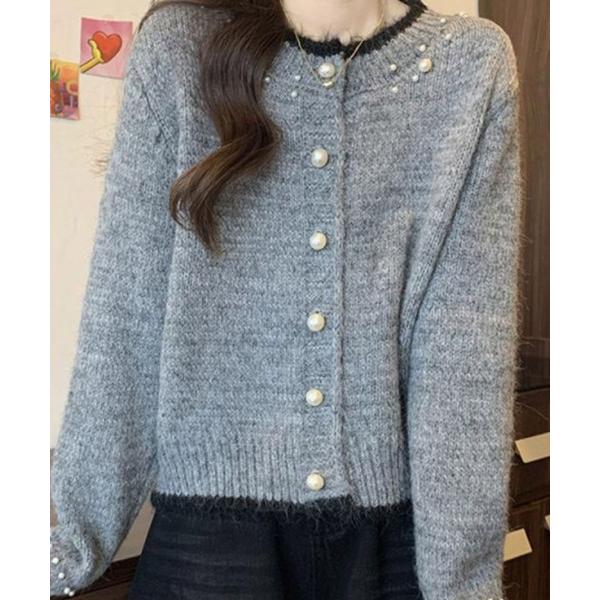 カーディガン パールボタン付きニットカーディガン レディース