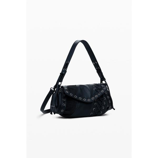 ショルダーバッグ バッグ パッチワーク×編み込みディテール ブラックショルダーバッグ レディース