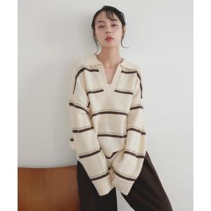 ニット セーター アルパカタッチボーダーポロニット レディース