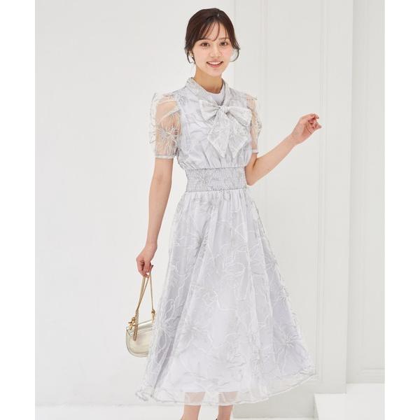ワンピース ボウタイリボン付きチュール刺繍ウエストシャーリングワンピース