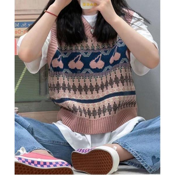 ベスト ジレ チェリーカラーニットベスト レディース