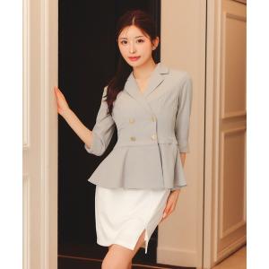 ドレス ダブルボタンペプラム七分袖ジャケット＆タイトワンピースセットアップ