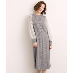 ワンピース 「石川梨華さん着用」一枚で華やぐ、袖布帛ケーブルニットワンピース