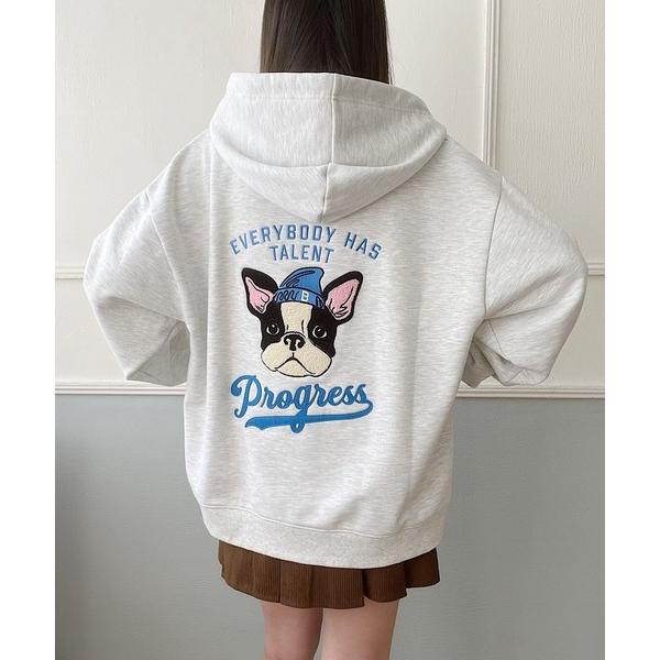 パーカー 裏毛イヌ刺繍ZIPパーカー レディース