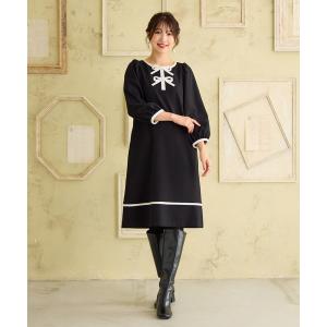 ワンピース 「伸縮性/イージーケア」配色リボンワンピース