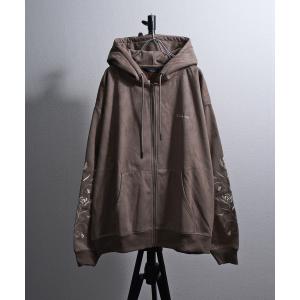 パーカー 裏起毛カットスエード フラワー袖刺繍フルジップパーカー メンズ レディース