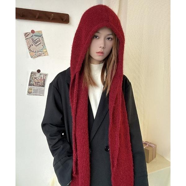 マフラー ストール ウール混 紐付き リブフードマフラー レディース