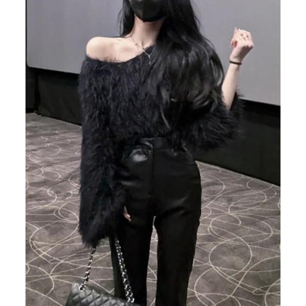 ショート丈 フェイクファー オフショルダー トップス レディース