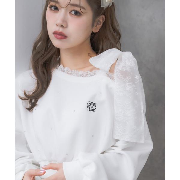 トレーナー スウェット 「セットアップ対応」ワンショルリボンスウェットトップス レディース