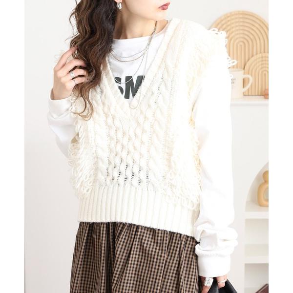 ベスト ジレ 編地切り替えフリンジニットベスト レディース