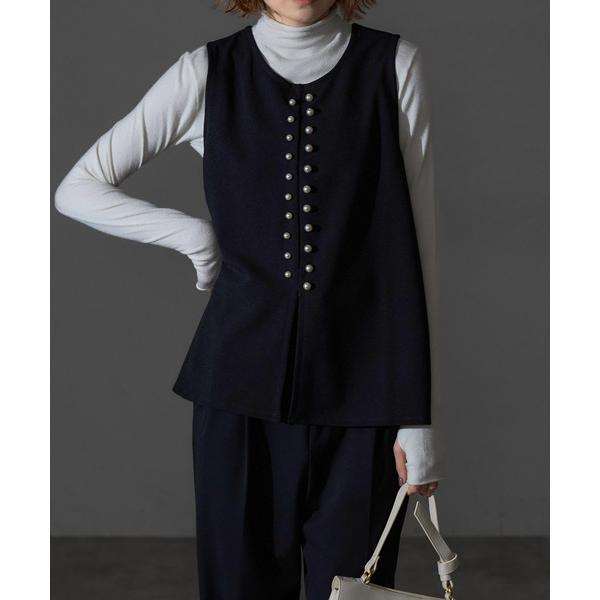 ベスト ジレ ランダムパールボタンノースリベスト レディース