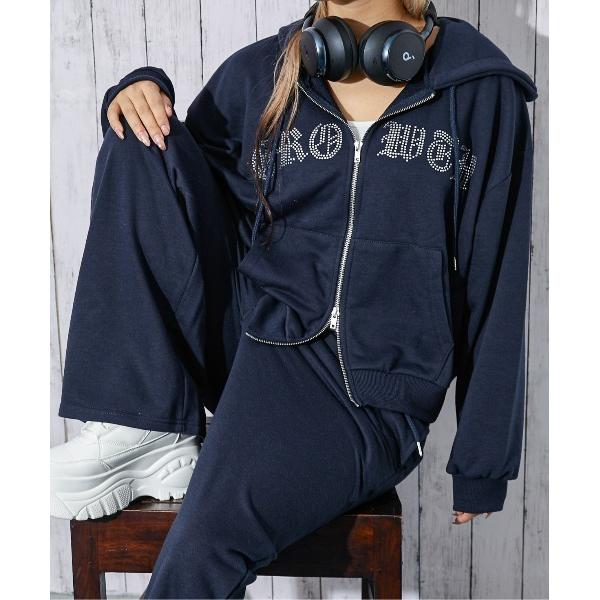 パーカー 「ラインストーンロゴ×ムラ染め風」レディース ジップパーカー 裏毛 スウェット 羽織り 春...