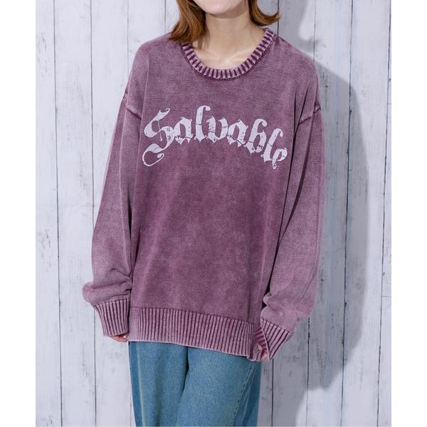 ニット セーター 「ストーンウォッシュ加工×ロゴ」レディース クルーネックニット ヴィンテージライク...