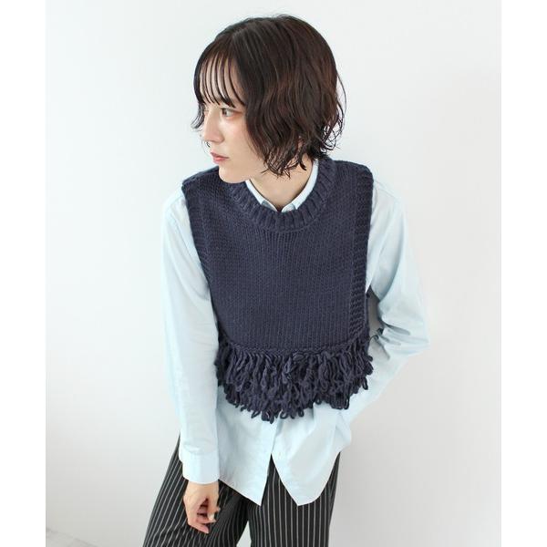 ベスト ジレ ローピングフリンジニットベスト レディース
