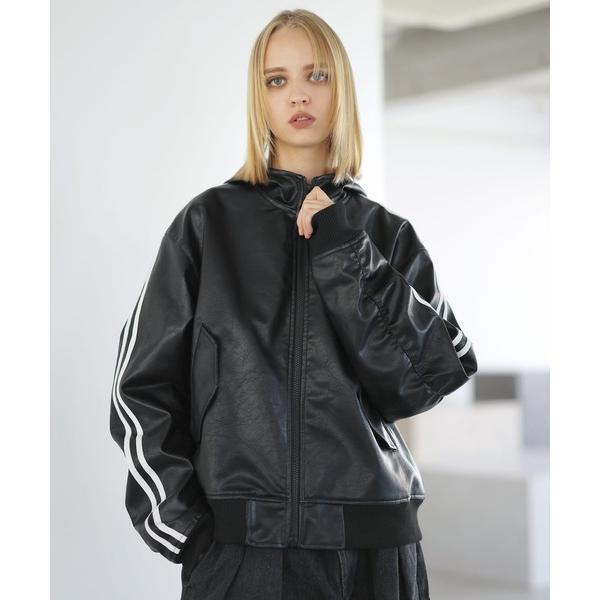 ブルゾン アウター PU合皮サイドライン短丈フードジャケット メンズ レディース