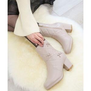 ブーツ キルティングビジューリボンブーツ レディース