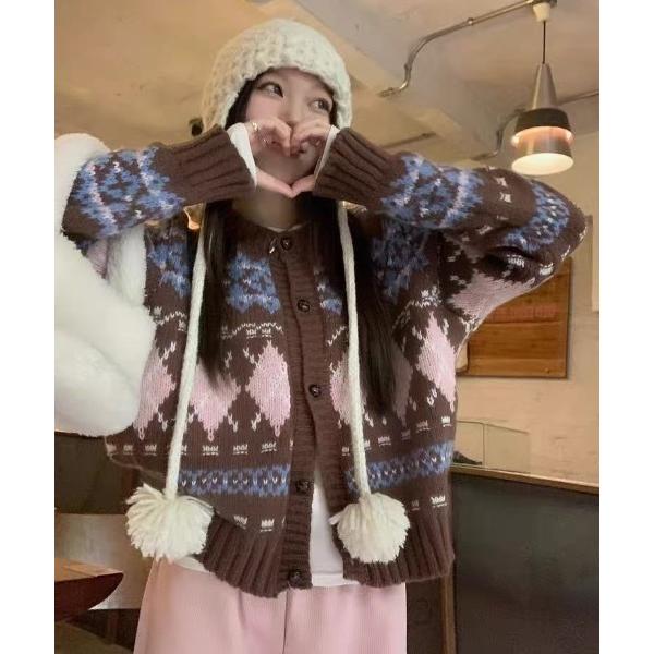 カーディガン ノルディック柄ニットカーディガン レディース