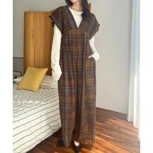 サロペット オーバーオール チェック柄 シャーリングサロペット レディース