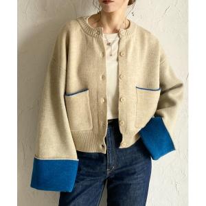 カーディガン ショート丈長袖配色バイカラーニットカーディガン レディース