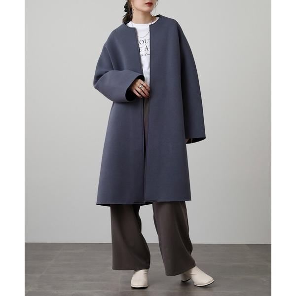 ノーカラーコート コート ボンディングロングコート レディース