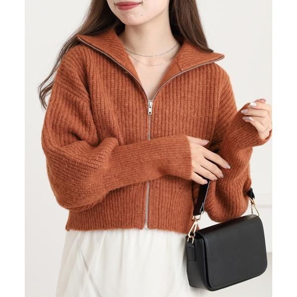 ニット セーター 2WAY ZIPパフスリ畦ニット レディース