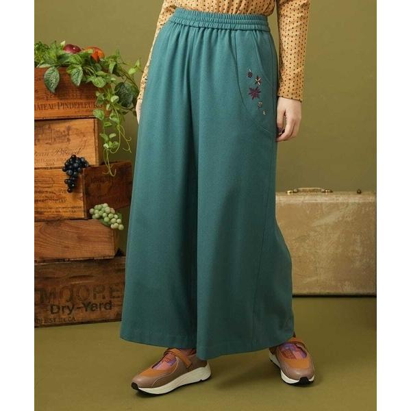 パンツ T/Rドビー フラワー刺繍ワイドパンツ レディース