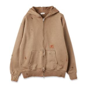 パーカー DAMAGE PATCH ZIP HOODIE/ジップフーディー/ピグメント加工/革パッチ/JieDa メンズ