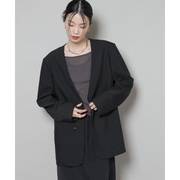 ジャケット ノーカラージャケット カラーレスワイドショルダージャケット(セットアップ可) レディース