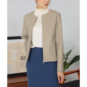 ノーカラージャケット ベージュ 合成皮革 ノーカラージャケット（ベージュ系・レザー・本革）ファッション