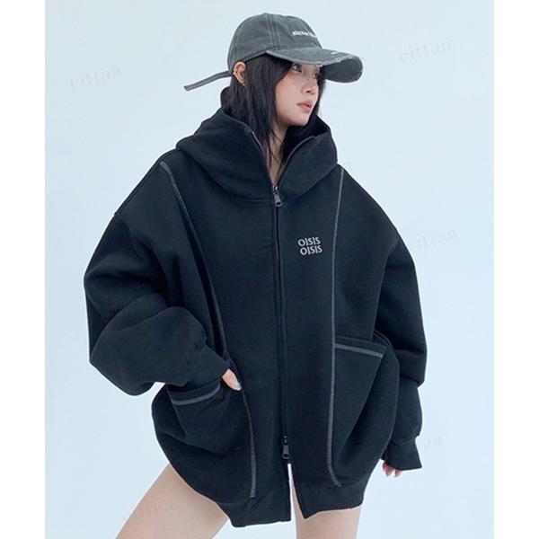 パーカー 韓国ファッション OISISロゴ 配色パイピングダブルジップ オーバーサイズスウェットパー...