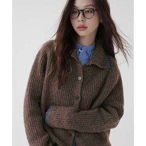 カーディガン 配色ライン襟付きニットカーディガン レディース